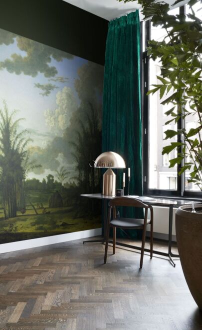 papier peint panoramique paysage tropical vert, bleu et moutarde verte