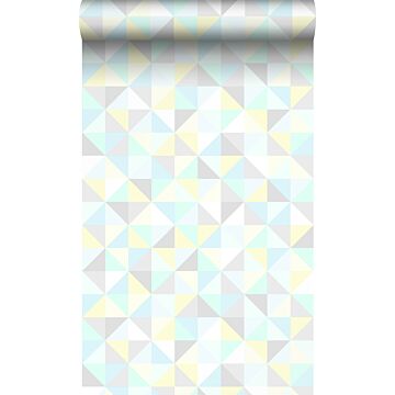 papier peint triangles vert menthe pastel, jaune pastel, bleu pastel, gris chaud clair et gris argent brillant