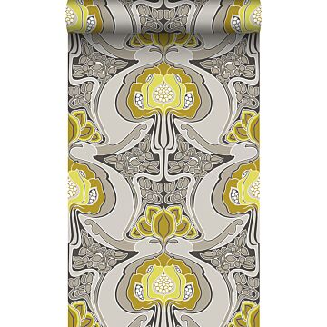 papier peint motif floral Art Nouveau jaune ocre et gris