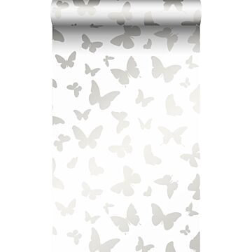 papier peint papillons blanc mat et argent brillant