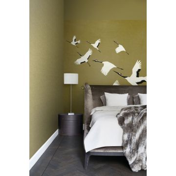 papier peint panoramique oiseaux de grue jaune ocre