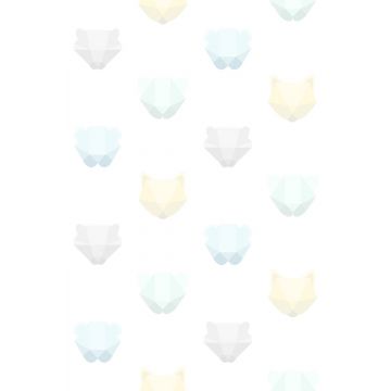 papier peint panoramique têtes d'animaux origami vert menthe pastel, bleu pastel, jaune pastel, gris chaud clair et blanc mat